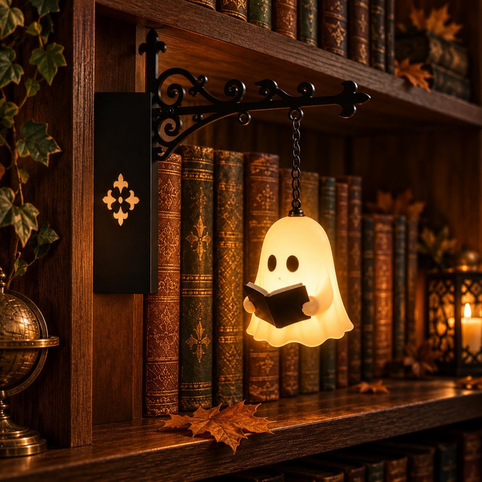 Ghost Bookshelf Lantern, Book Nook Light with Warm LED for Halloween Decor