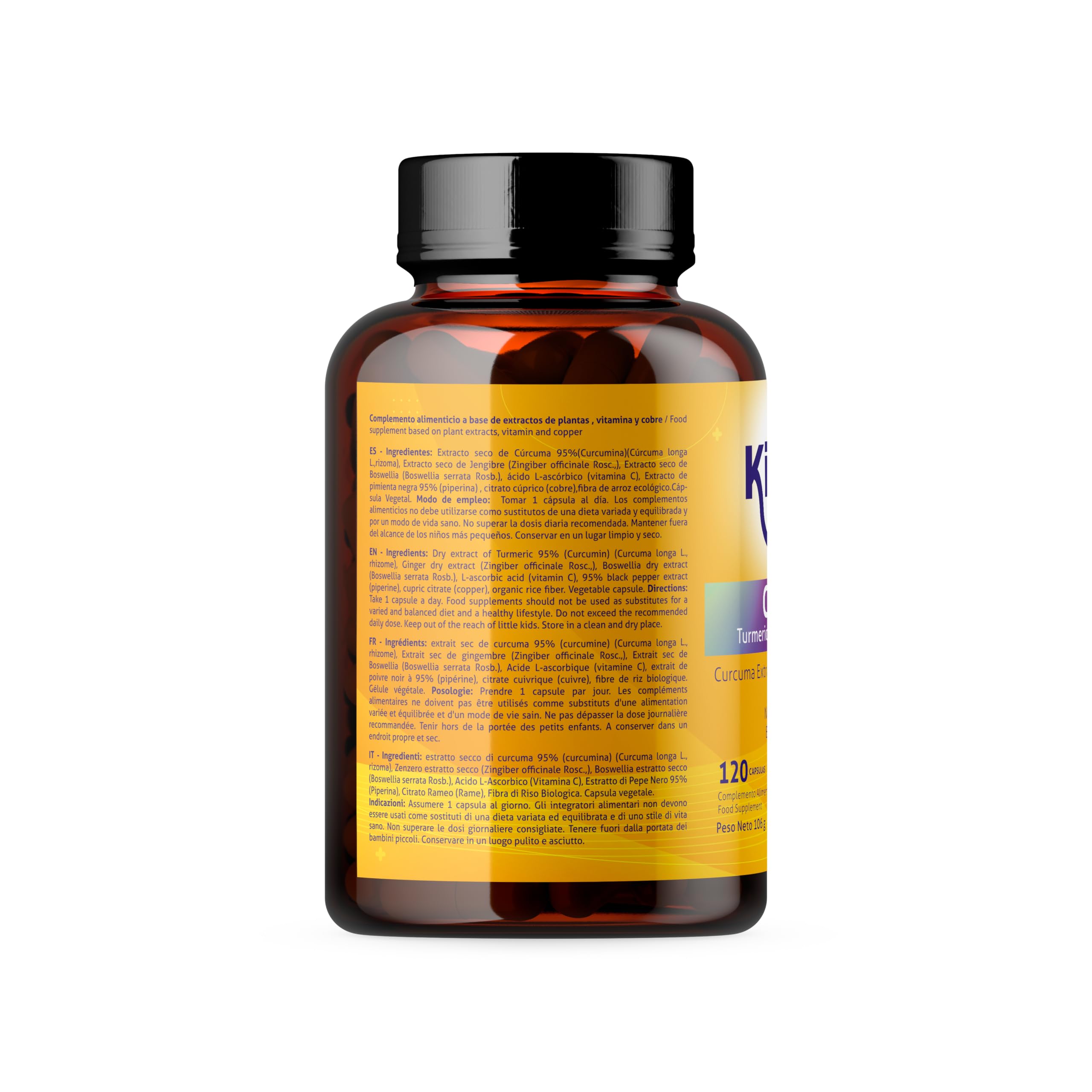 CURCUMA 10000 mg .120 gélules Curcumine pure 95% d'extrait .Gingembre, Poivre noir, Boswellia, Vitamine C et Cuivre | Hautement résorbable | Full Complex