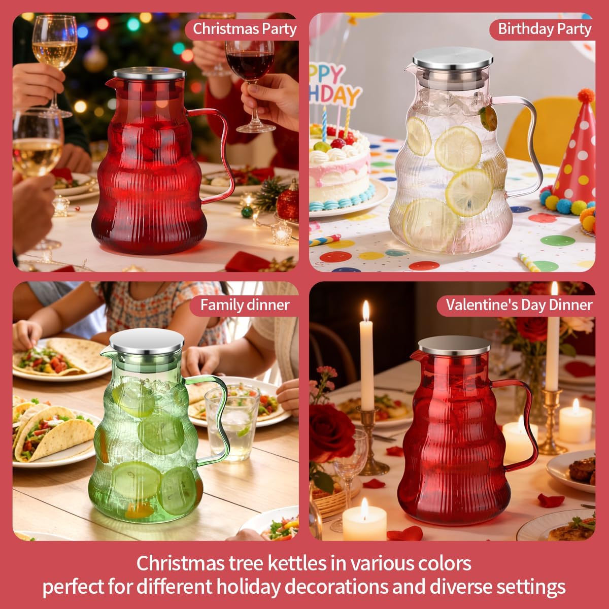High Borosilicate Glass pitcher—Christmas tree design, dopamine-hued color scheme. Beyond serving as a vessel for all beverages, it makes an ideal gift or festive decor piece.