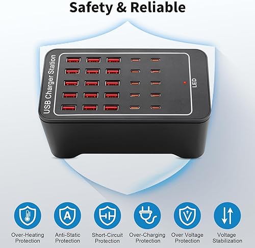 Miniatura 4 de Bloque de cargador USB  C, 125 W (25 A) 25 puertos (15 USB A y 10 puertos USB  C) múltiples estaciones de carga, cargador de pared de escritorio