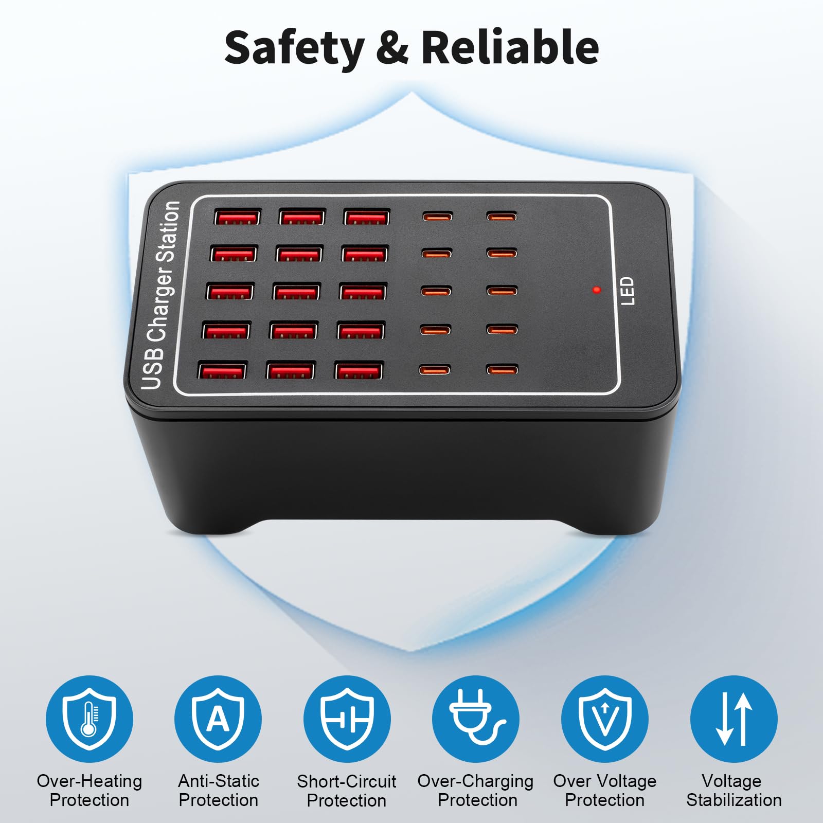 Bloque de carga USB C, 125 W (25 A) 25 puertos (15 puertos USB A y 10 puertos USB C) estación de carga USB, cargador de pared USB de escritorio compatible con iPhone, iPad, tabletas, teléfonos