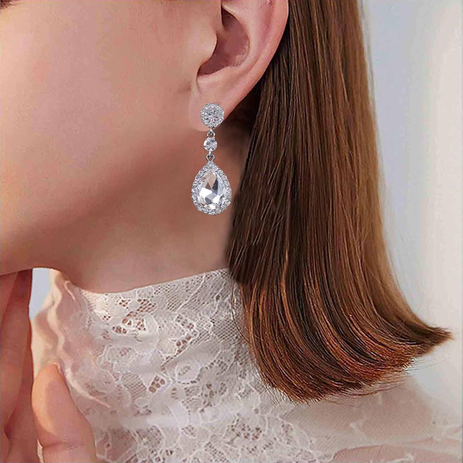 Vintage Teardrop Crystal Drop Earrings Rhinestone Stud Earrings Sparkly Rhinestone Dangle Earrings Silver Cz Wedding Bridal Earrings Jewelry for Women and Girls (Silver) - Image 3