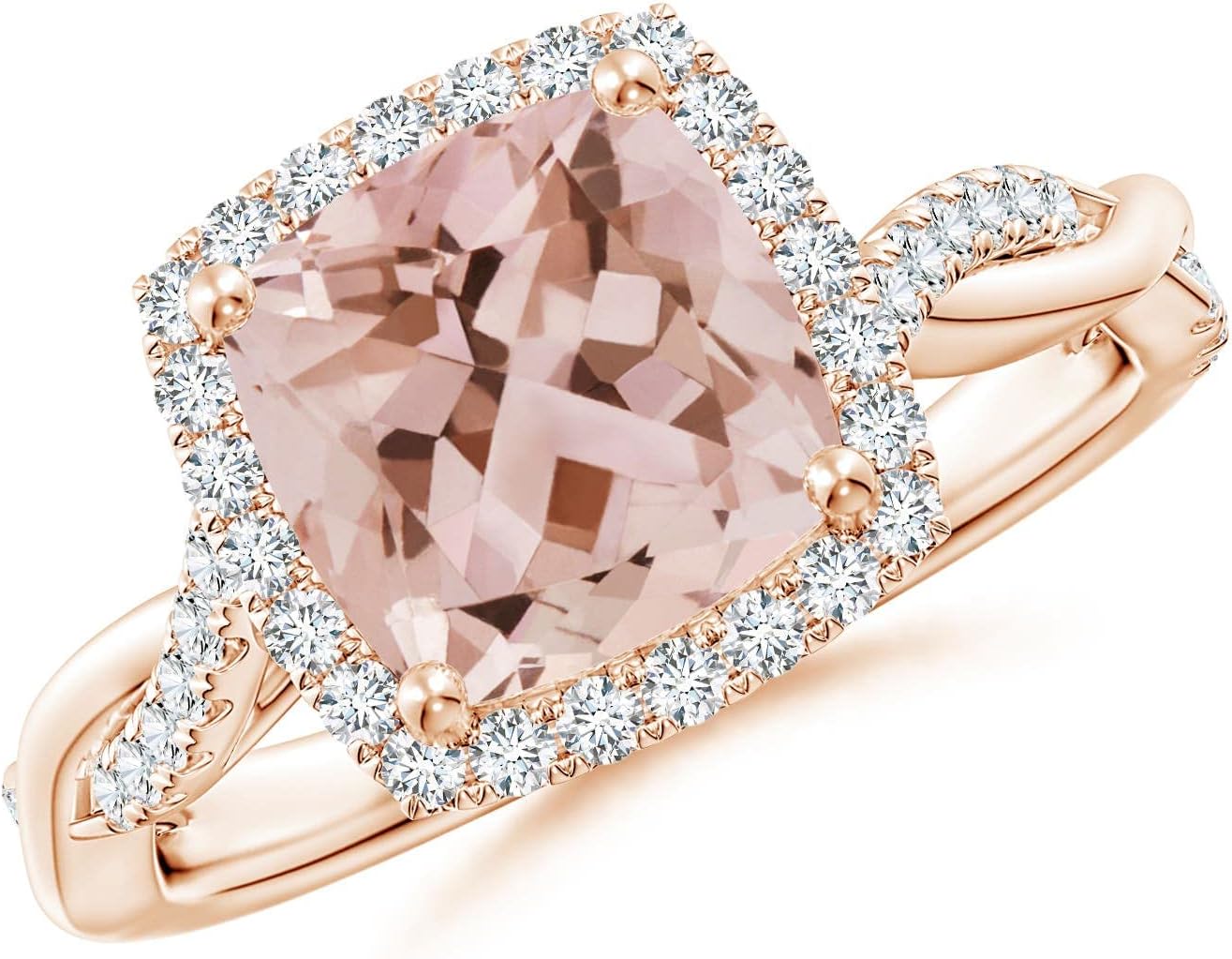 Angara Natural Morganite Engagement Ring for Women | Twisted Shank Cushion Morganite Halo Engagement Ring in Rose Gold | April Birthday, Gemstone Jewelry Gift | AAA | 8mm | Ring Size- 10