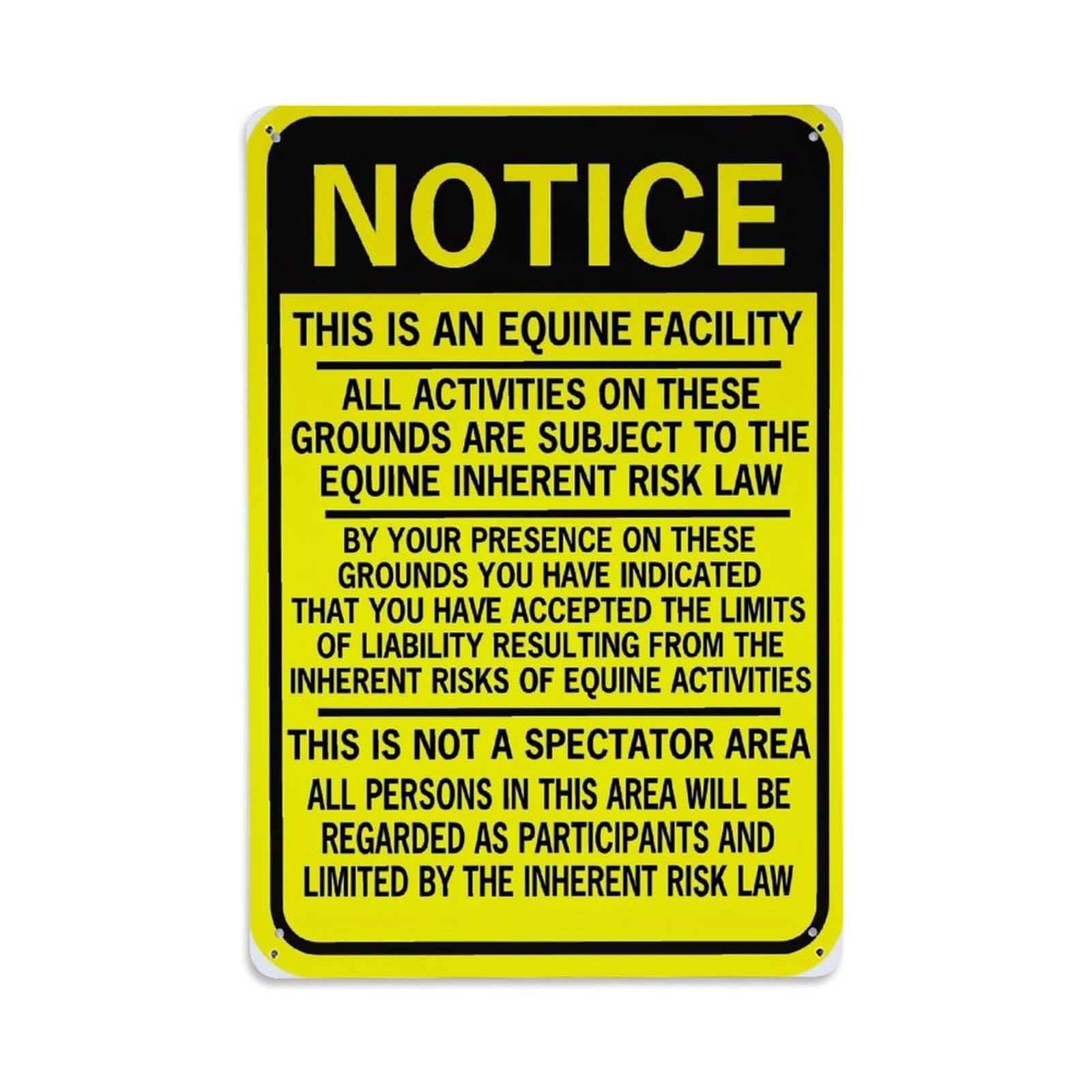 Nestemfo Vintage Notice Equine Facility Risk Law Sign Tin Sign Metal Sign, Living Room,Bar, Home, Bedroom Wall Decor,Retro Metal Poster 8X12 Inches