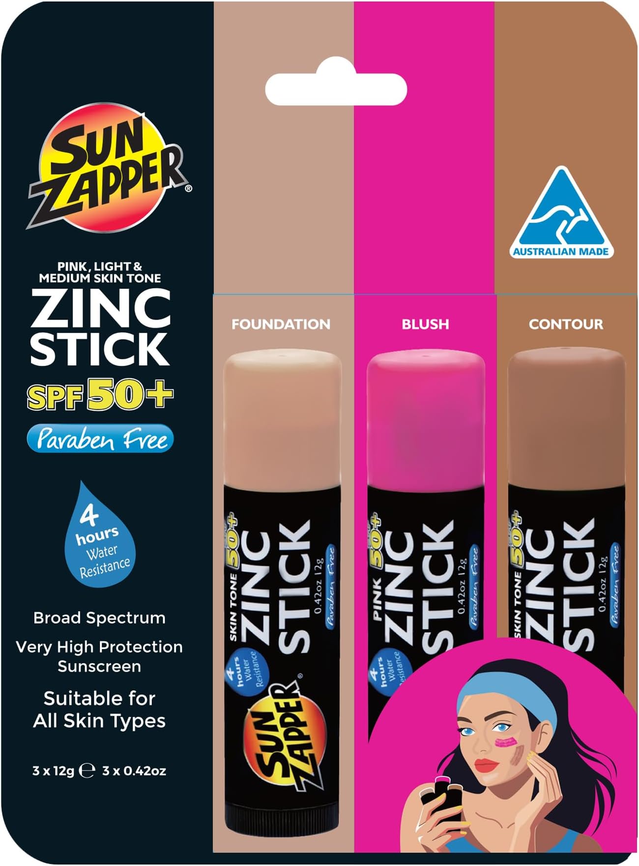 Zinc Sunscreen Stick Beauty 3-Pack SPF 50+ (Light, Dark, Pink) – Tinted Mineral Sunscreen for Face, Makeup SPF Blush Stick, Water Resistant, Travel Size 12g (0.42 oz) each, Australian Made