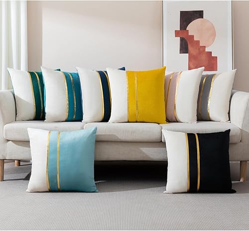 Miniatura 4 de ZLINA Juego de 2 fundas de almohada lumbar decorativas de terciopelo rosa y blanco con fundas de almohada de cuero dorado, fundas de cojín de 12 x