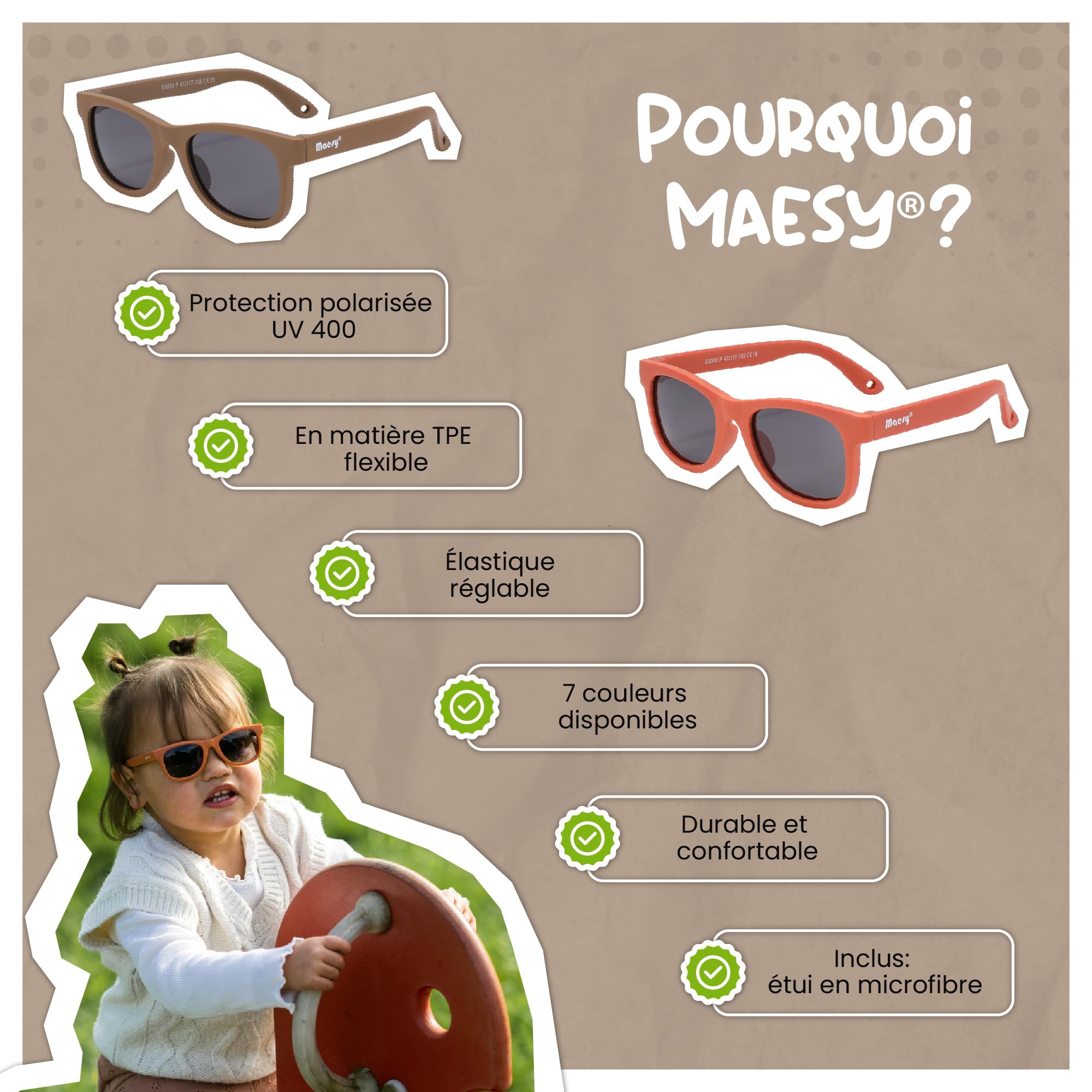 Lunettes de Soleil Bébé - 0-2 Ans - Protection UV400 Polarisée - Cadre Flexible et Pliable - Bande Élastique Réglable - Lunettes de Soleil Sûres et Confortables - Pour Enfant - Indi