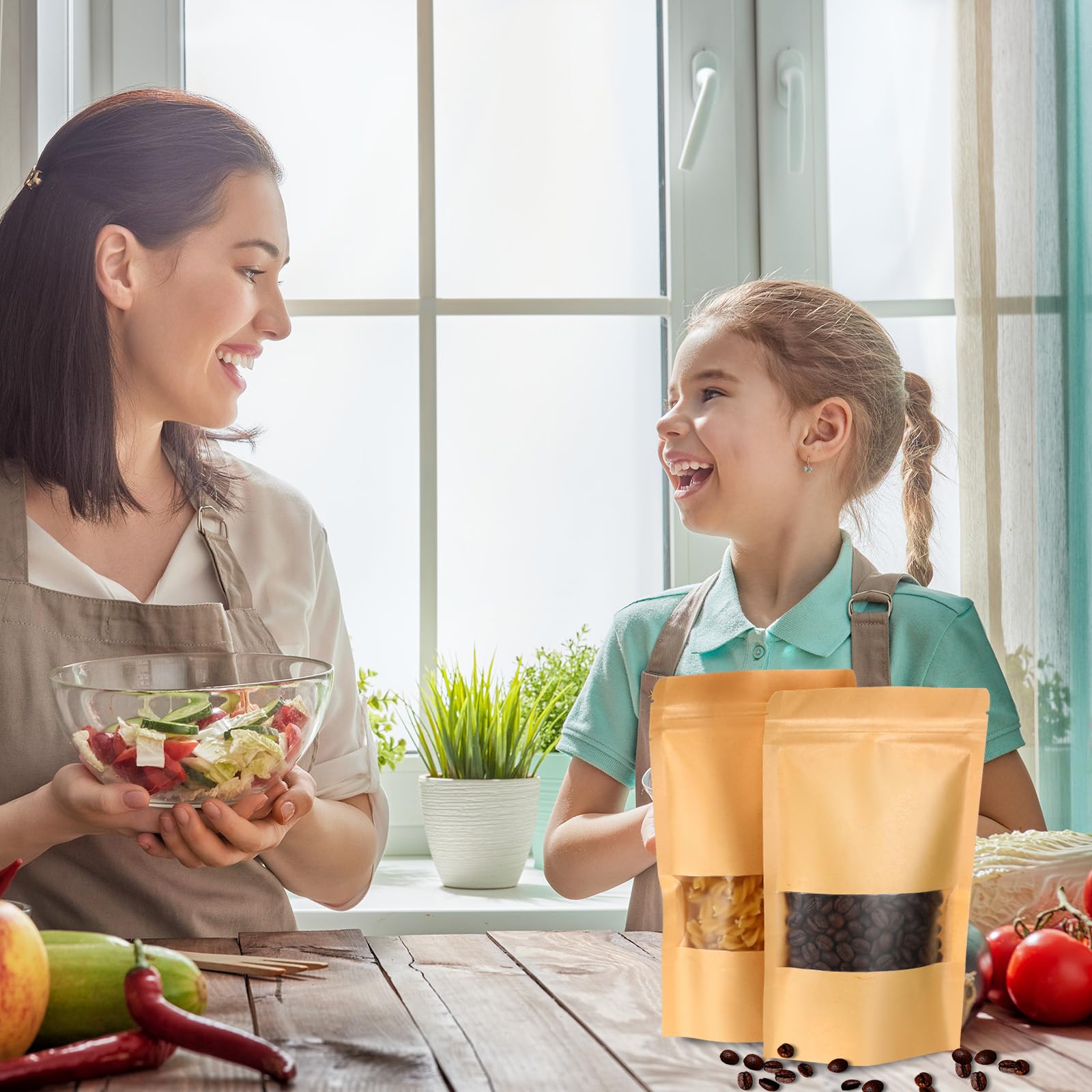 Ctosree 300 bolsas de papel kraft con ventana a granel, bolsa de papel kraft con cremallera de pie, bolsa de papel kraft con cremallera para almacenamiento de alimentos, bolsas reutilizables sellables