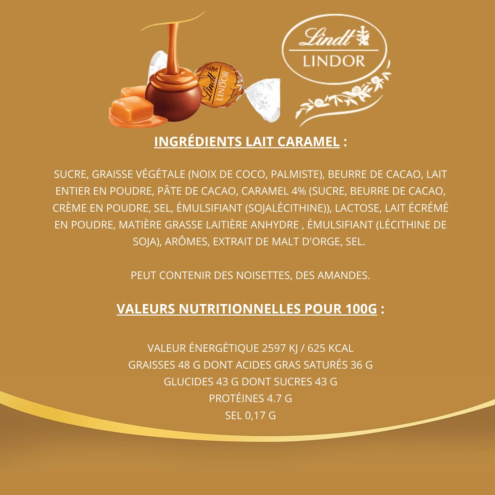 LINDT - 100 bouchées LINDOR Chocolat Lait Caramel - Boîte 1,25 kg | Chocolats à Offrir ou à Partager pour un Anniversaire, une Fête, un Evènement - Grand Format, Candy Bar, Mariage, Baptême