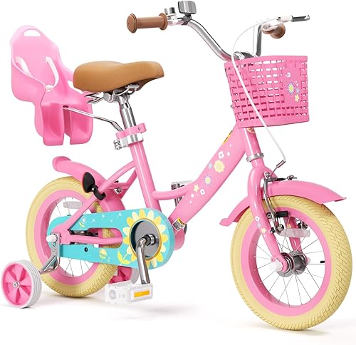 Miniatura 11 de XJD Bicicleta para niñas de 2 a 12 años de edad, bicicleta para niños de 12 a 20 pulgadas, con ruedas de entrenamiento y cesta Rosa claro,Flor