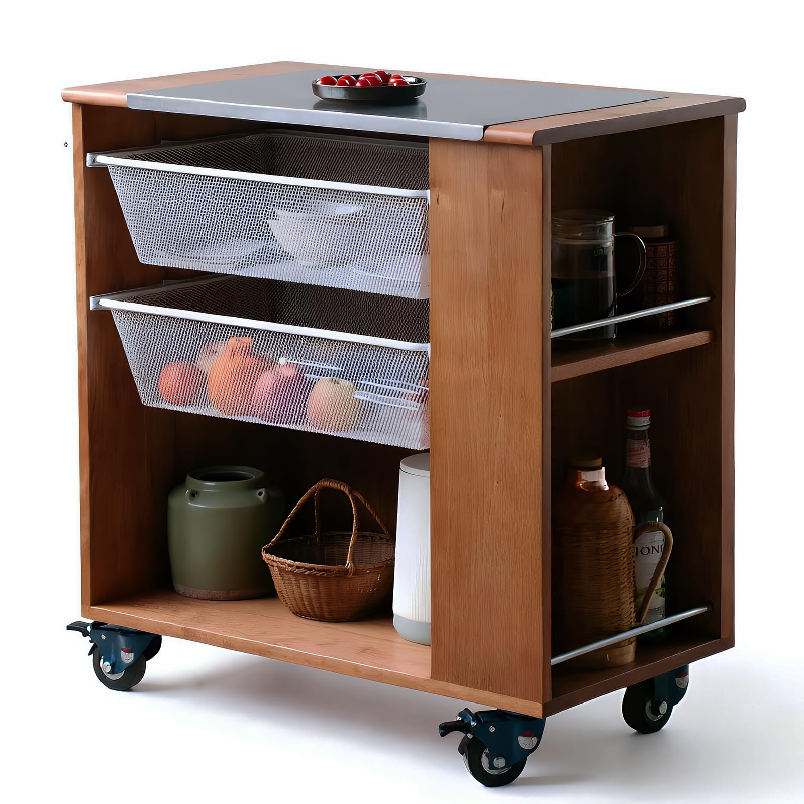 Zf9tBw5sH Unità cucina ad isola Carrello for isola da cucina con rotelle in legno tagliere in acciaio inossidabile e 2 cestelli
