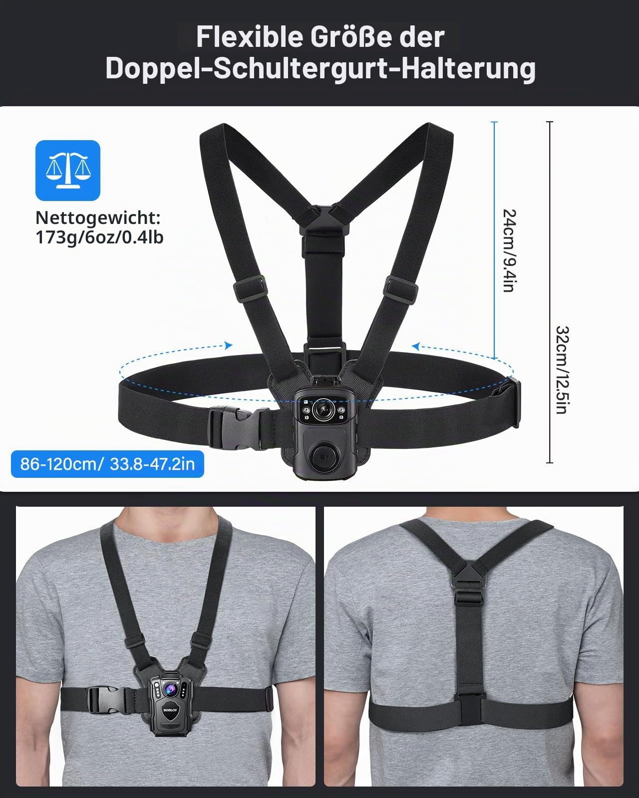 BOBLOV Body Camera Harness Bodycam Vest Chest Mount for All Body Cams, Dual Shoulder Strap with Adjustable Size, Hands-Free Strap for Strafverfolgung, Video Record