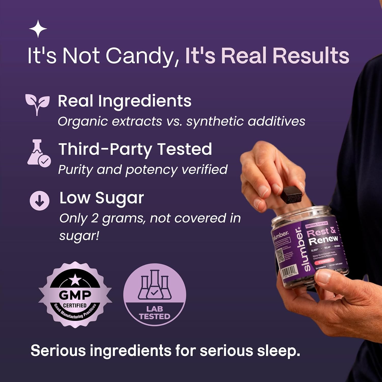 Slumber Rest & Renew Sleep Gummies, Vegan Sleep Aid With Organic Passion Flower, Chamomile, & Pure Reishi Mushroom to Support Relaxation Before Bed, Plant Based, Low Sugar, Strawberry Flavor, 30 Count - Image 7