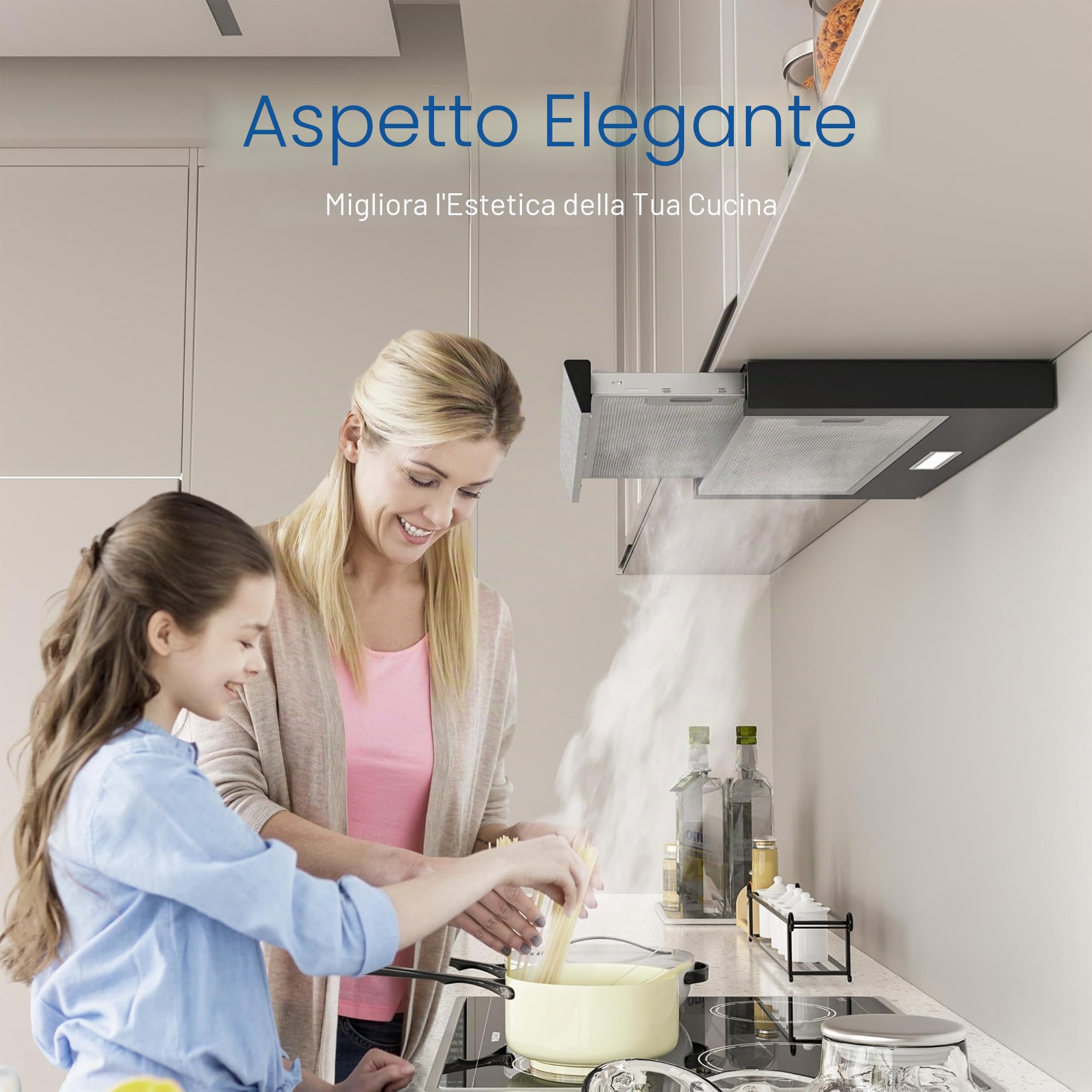FIREGAS Cappa Aspirante Telescopica 60 cm, 400 m³/h, 2 Velocità, Classe Energetica A++, con motore senza spazzole, silenziosa, cappa da cucina con filtri a carbone attivo, nero