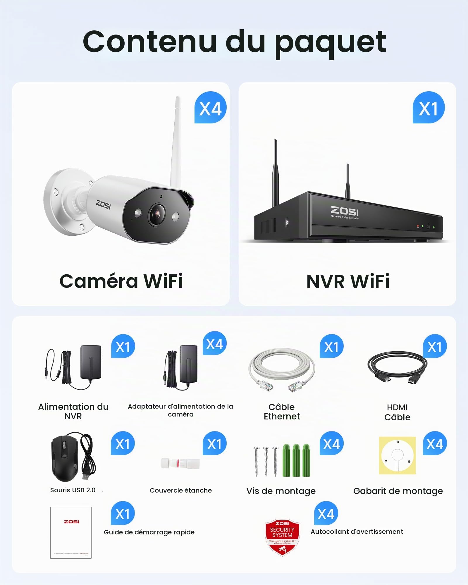 ZOSI 2K Kit Caméra de Surveillance WiFi6 NVR 8CH 8MP 1TB HDD