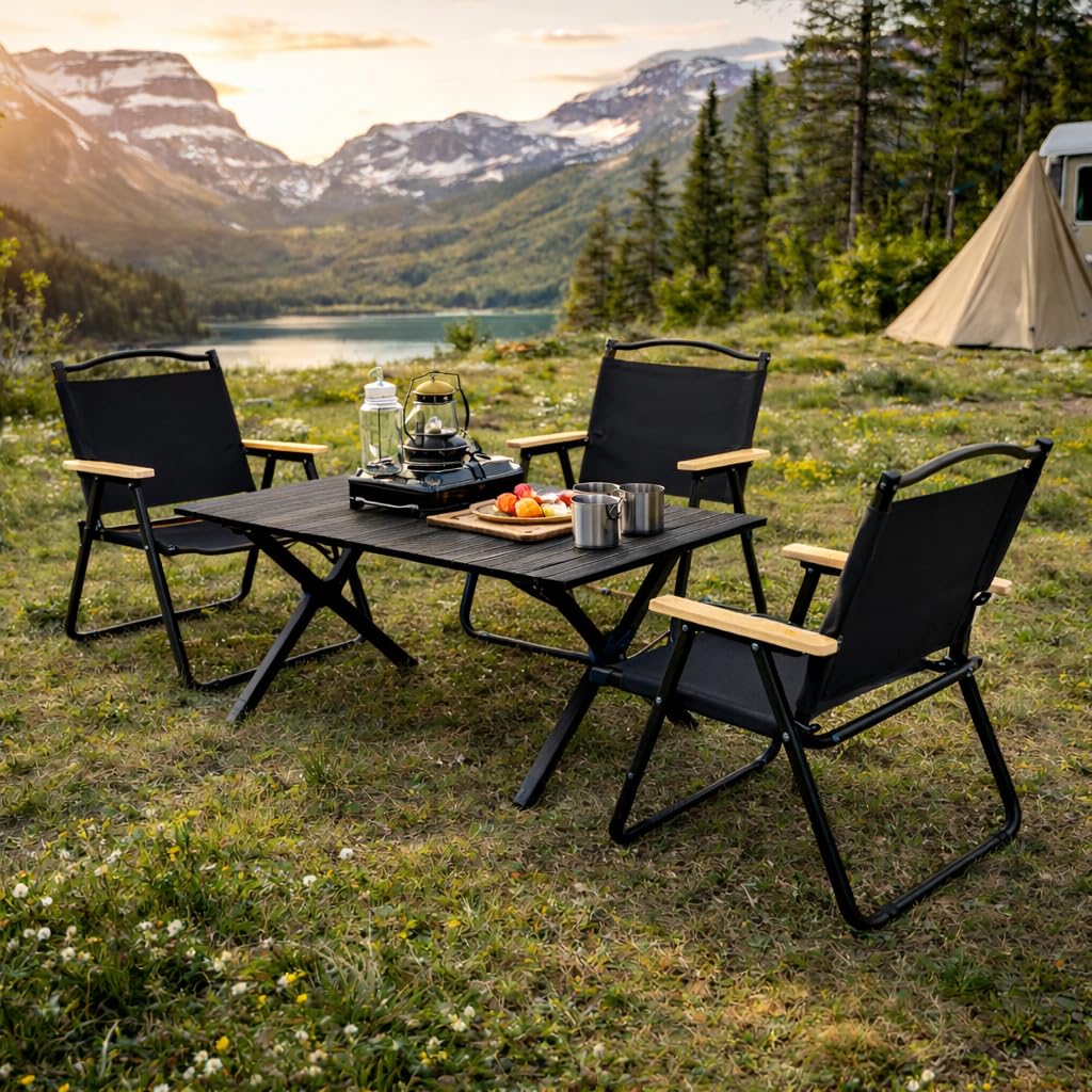 Camping Tisch mit 4 Stühlen Set – 120x60 cm Klapptisch faltbar, 4X Campingstuhl klappbar, Stahlrahmen & Oxford-Gewebe – Outdoor Möbel Set für Camping, Vanlife, Garten, Festival