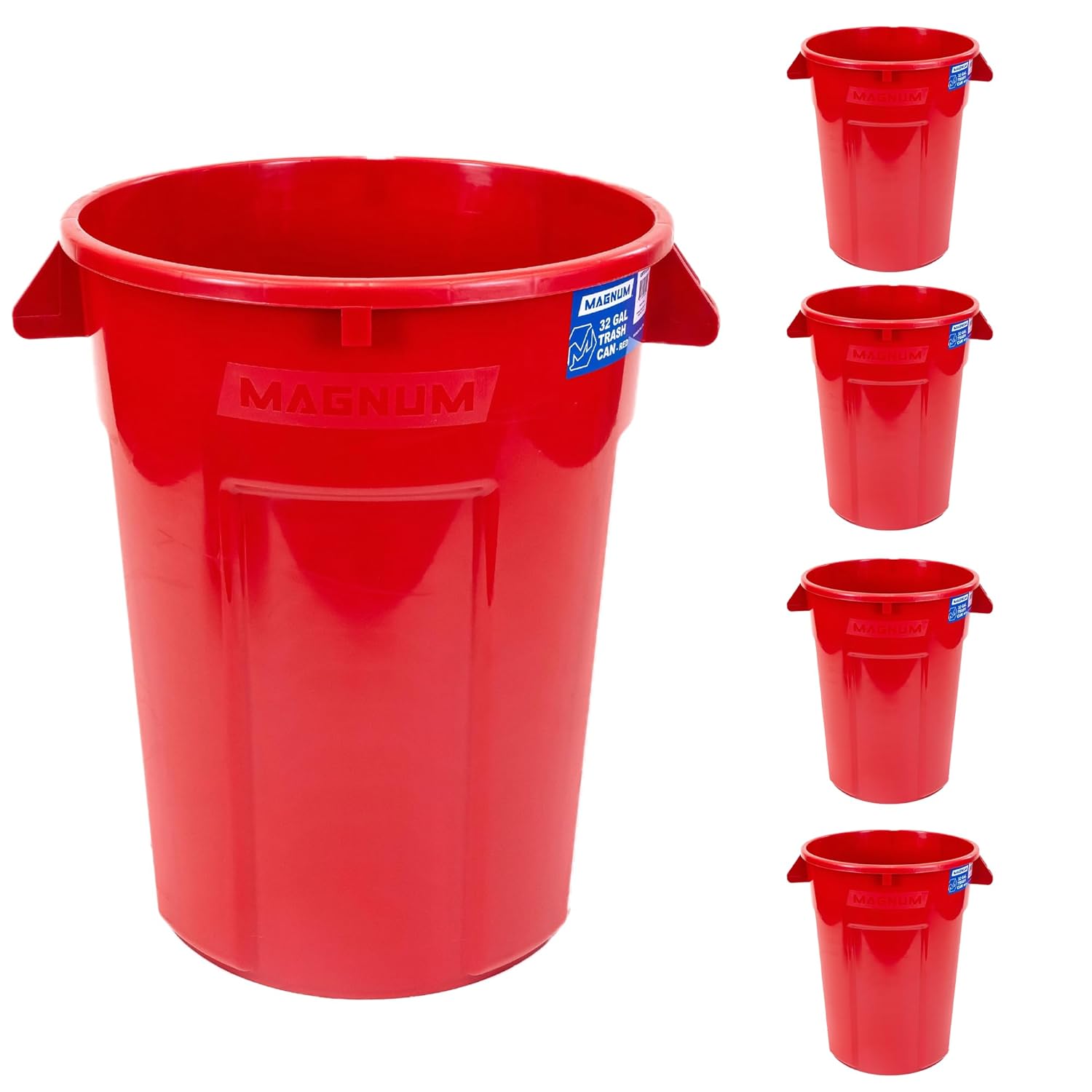 Magnum 32 Gallon Trash Can, High-Vis Red, Construction Grade, Heavy Duty Plastic, Jobsite Ready for Handling and Holding Garbage CMTC-C000-32R03 (3 Pack)