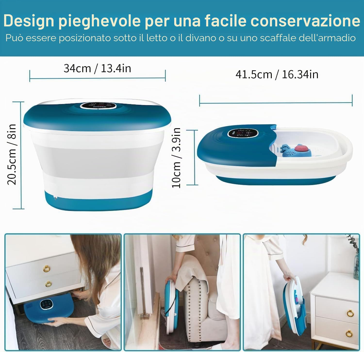 Pediluvio Massaggiatore Piedi Pieghevole, Massaggio ai Piedi con Telecomando e Riscaldamento, Bolle, Pietra Pomice, Infrarossi e Timer, 16 Palline per Agopressione, Temperatura Regolabile, Blu