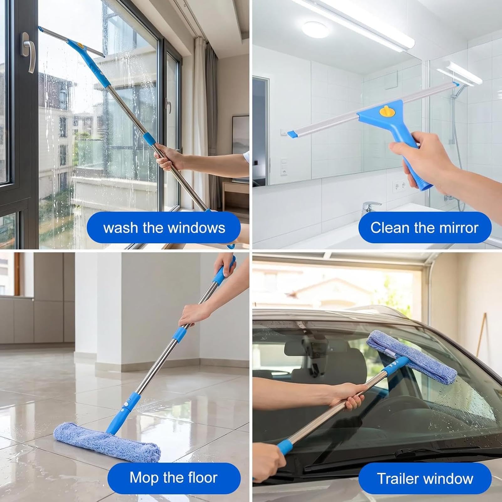 Herramientas De Limpieza De Ventanas,Longitud Ajustable con Paño De Microfibra | Limpiador para Ventanas Exteriores con Cubo | para Uso Residencial, Coche, Azulejos, Vidrio, Balcón, Aula Y Mucho Más