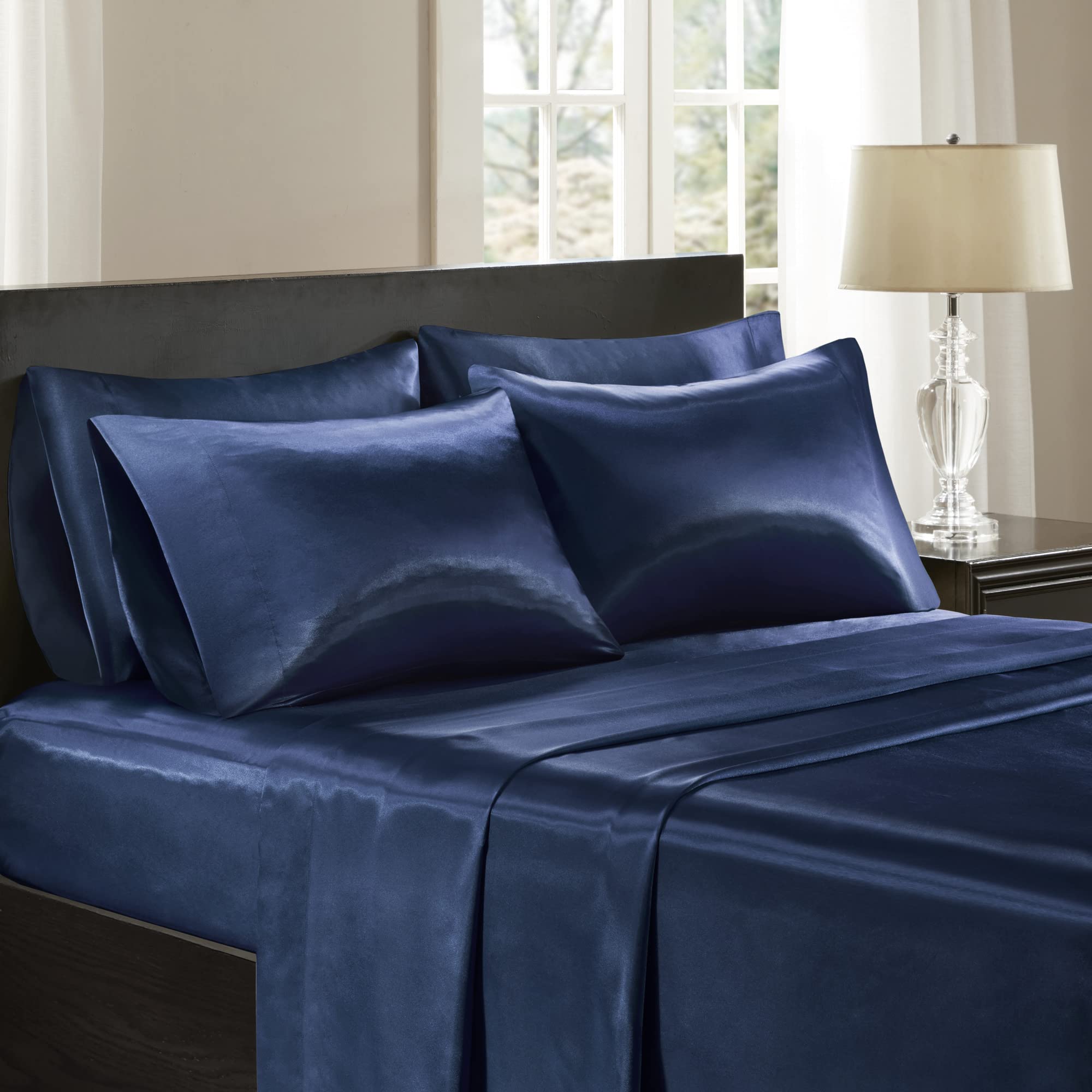 Madison Park Essentials Satin Sheet Set Luxury and Silky with Natural Sheen, Premium 16" Deep Pocket, All Around Elastic - Year-Round Bedding, Queen, Navy, 6 Piece