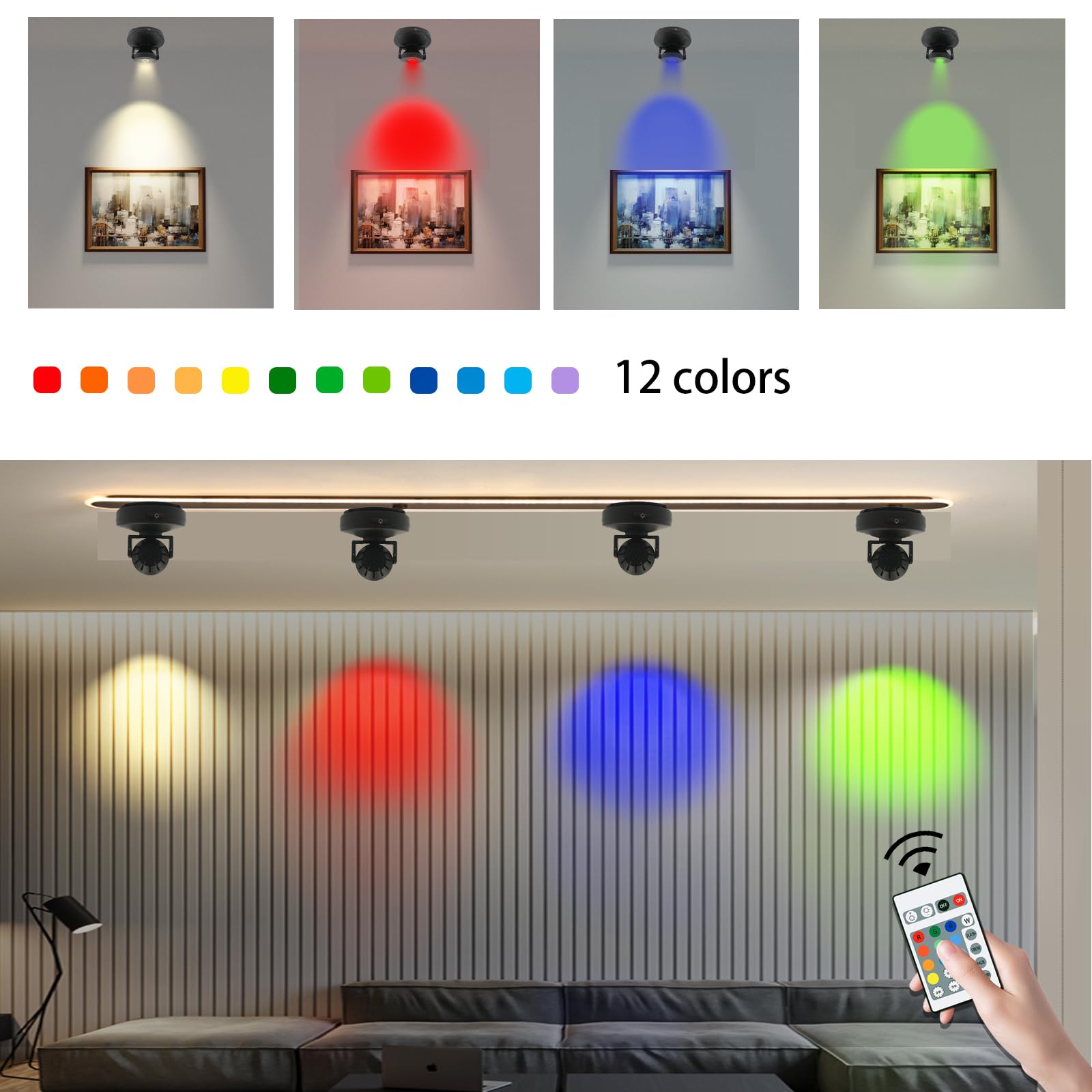 Faretti LED Senza fili con Telecomando Ricaricabile Mostra Accenti Luce Immagine con Testa Rotante 12 Colori che Cambia l'interno Uplight Stick Sulla Luce per Opere d'arte Dartboard Galleria,2 Pack