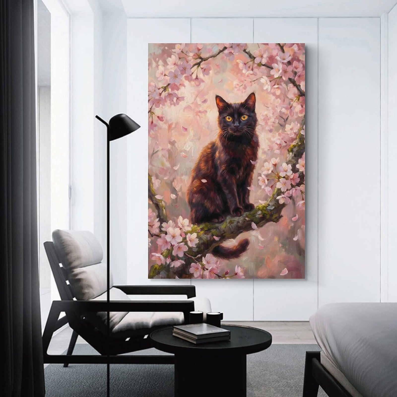 Junmoney Unframe-Style-20 Black Cat In Cherry Blossom Wall Picture Print, 20X30inch(50X75cm), For Lounge, Study, Hallway Or Flat Walls, Canvas Wall Art That Fits Changing Layouts