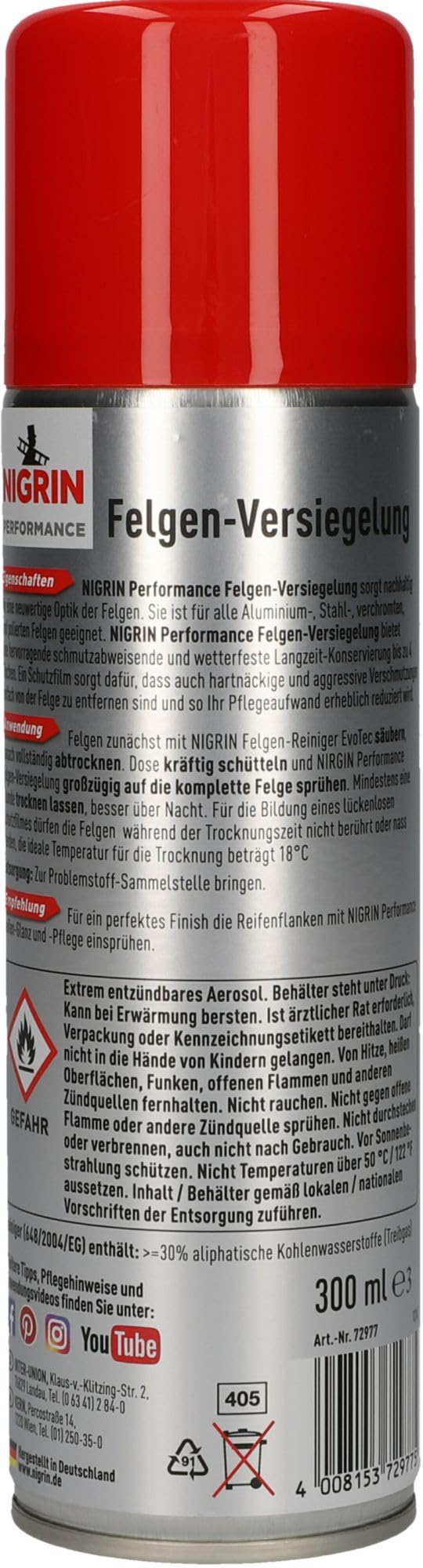 NIGRIN Felgen-Versiegelung Aerosol, Schutz vor Bremsstaub, Schmutz, Wasser und Salz, Langzeitkonservierung bis 4 Wochen, 300 ml, rot – Ansicht 3