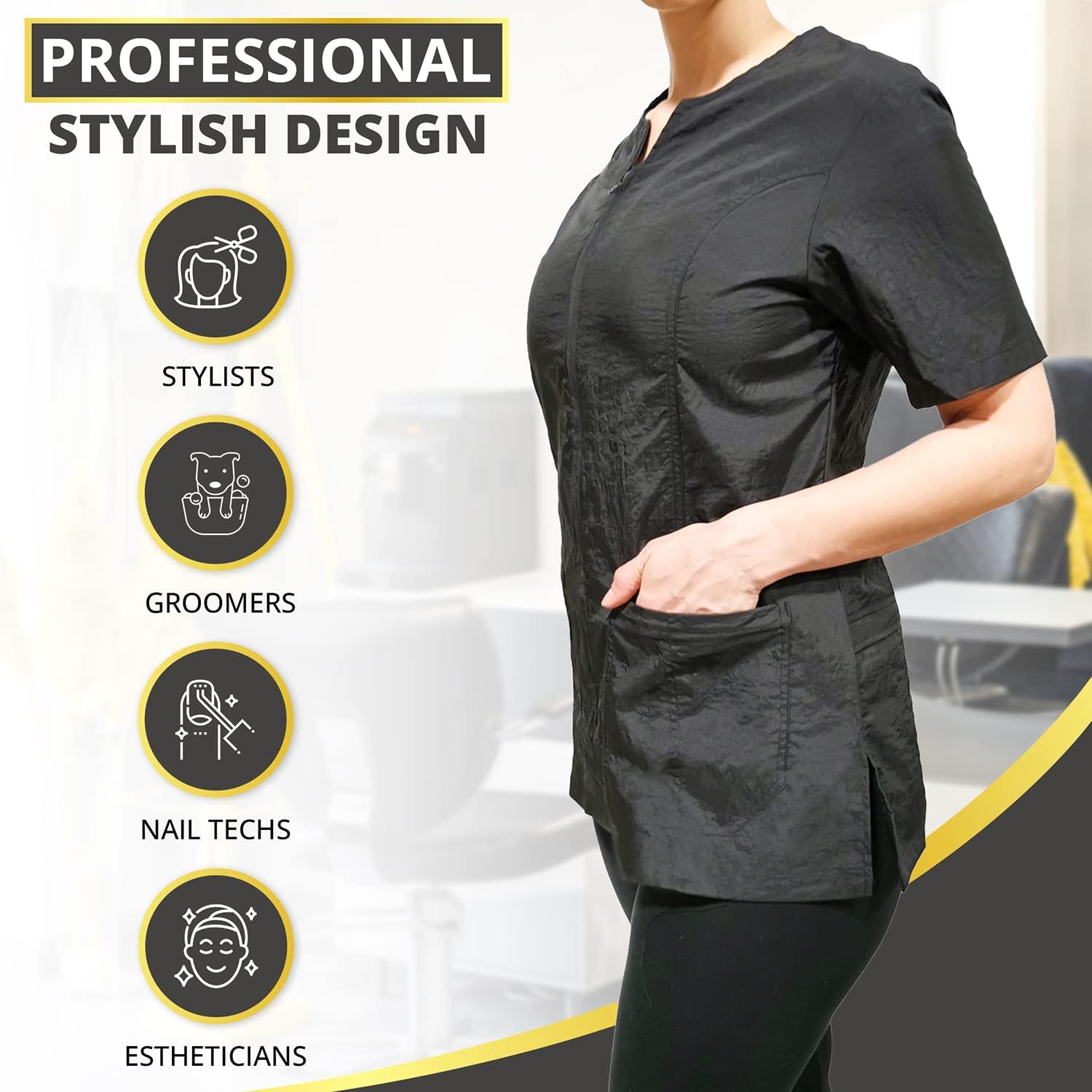 CHARLENE Haley Short Sleeves Jacket | High Fashion Hair Stylist Nylon Uniform | Water-Repellant Breathable Nylon