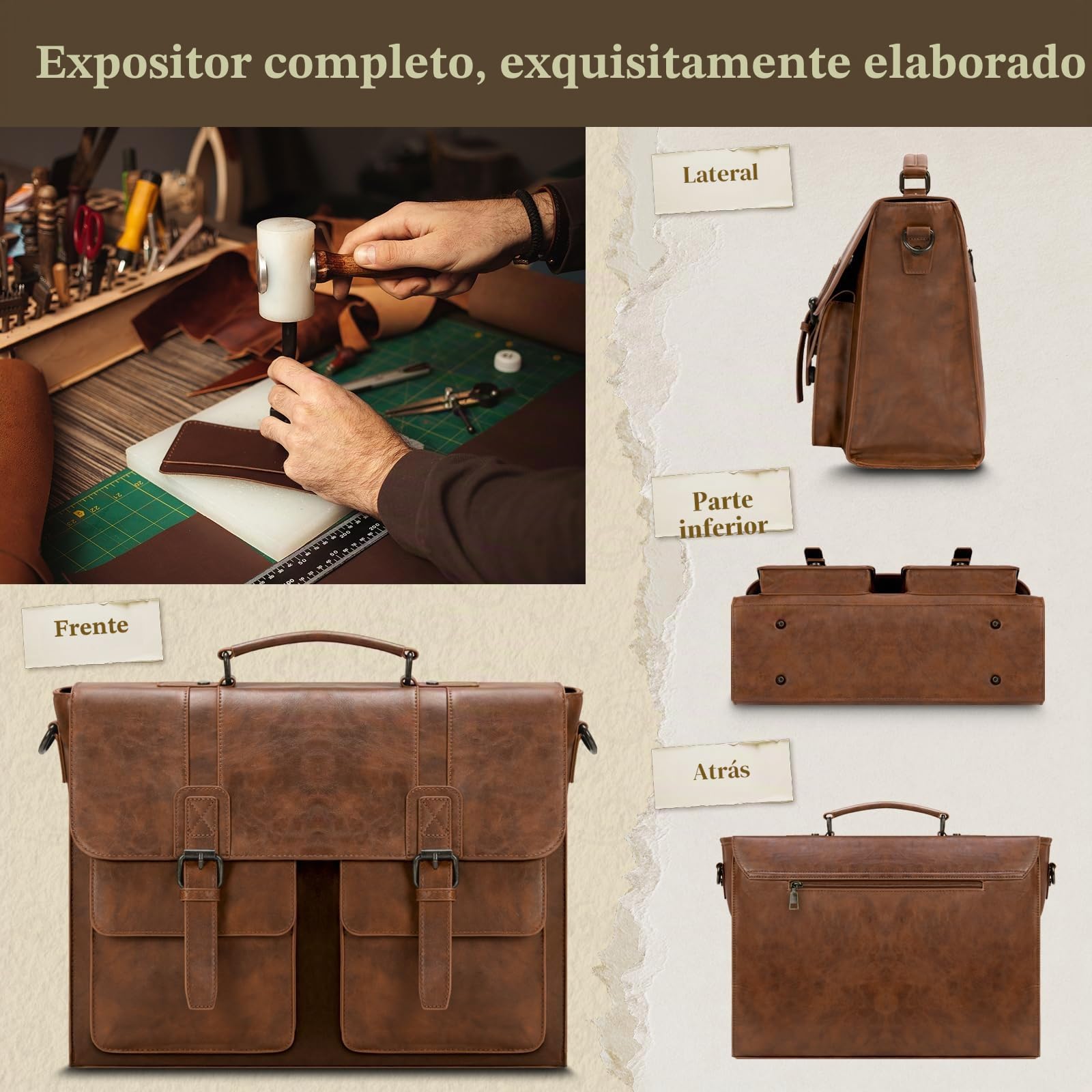 RAINSMORE Maletin Portatil 15,6 Pulgadas Piel PU Bolso de Mensajero Impermeable Bandolera Hombre Grande para Trabajo Negocios Marrón