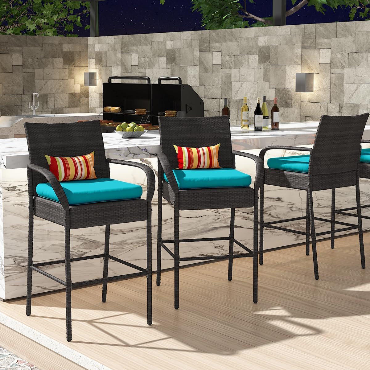 Sundale Outdoor Wicker Bar Stool Set of 6, Patio Counter Height Pub Chair with Arms, High Top Rattan Barstool, Cushion Blue, All-Weather Outdoor Rattan Furniture - Steel, Grey