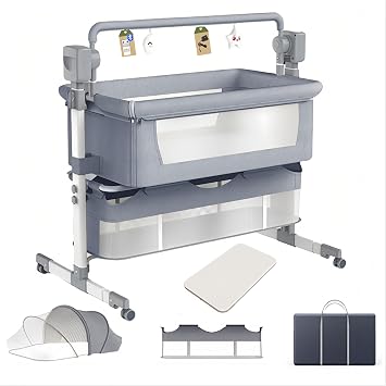 Electric Bluetooth Smart Baby Bedside Crib with Music, Foldable and Convertible Baby Cradle, Adjustable Infant Bassinet, Co-sleeping Infant cot with Remote Mid Grey