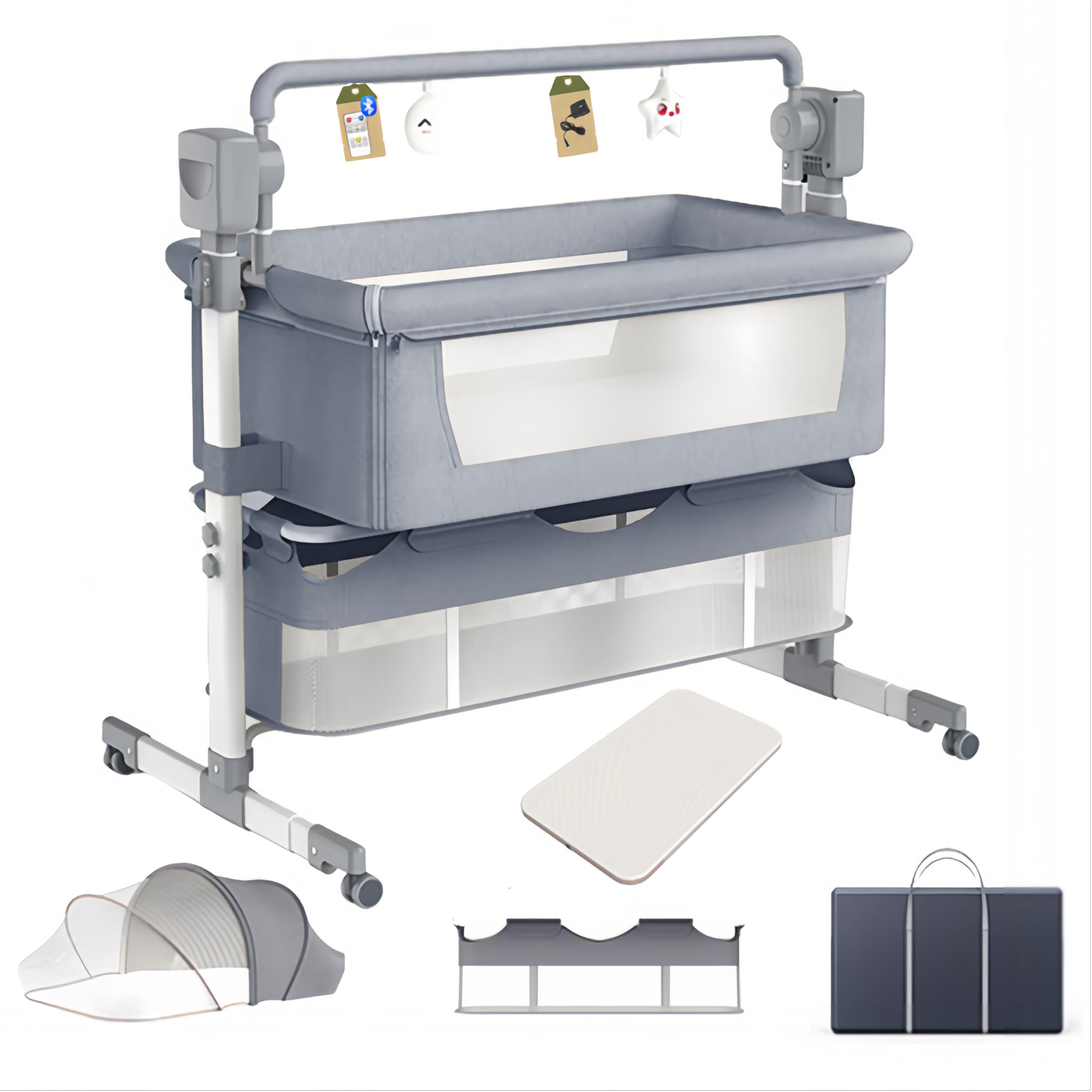 Cuna Colecho Bebe Eléctrica Smart con Bluetooth, Música, Cuna Colecho Plegable y Convertible, Cama Ajustable para Recién Nacidos con Remoto, Cesta de Almacenamiento y Ruedas (Gris Medio)