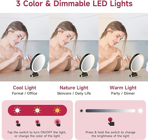 Miniatura 3 de Espejo de tocador negro con luces y espejo de aumento de 10x, decoración estética para niñas, dormitorio universitario, artículos esenciales de