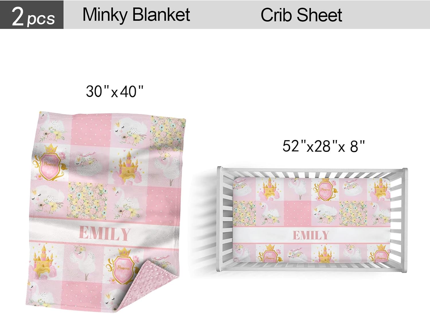 Custom Baby Crib Bedding Sets for Girls, Personalized Set with Name, Pink Nursery Bedding, 2 Piece Sets, Name Comforter, Fitted Sheets (Swan Princess)