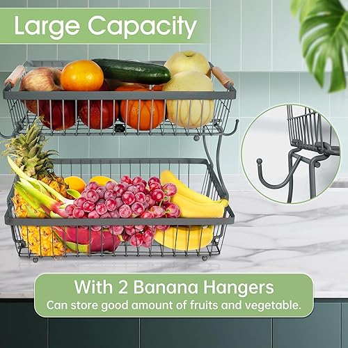 Miniatura 10 de Cesta de frutas de 2 niveles desmontable con 2 ganchos para plátanos, soporte de frutas para encimera de cocina, organizador de almacenamiento de