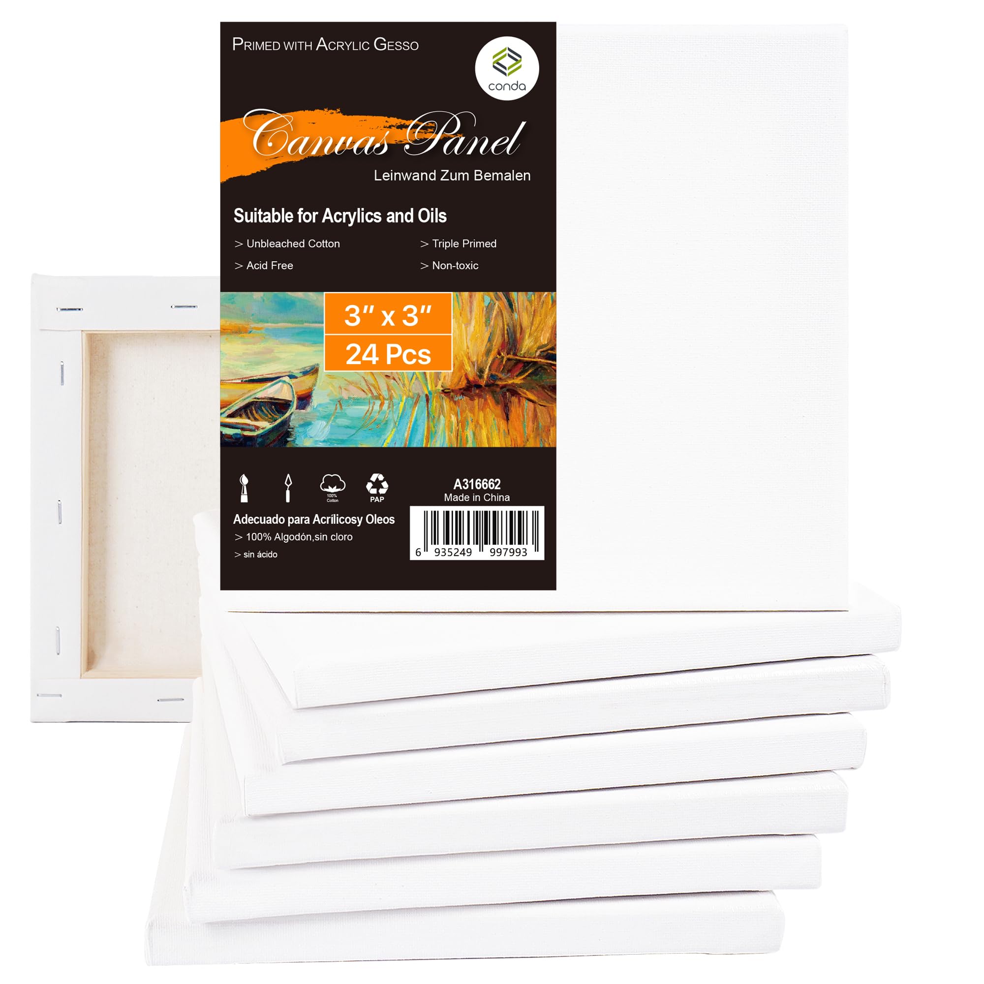 CONDA Mini Stretched Canvas for Painting, 3x3 Inch 24 Packs of Small Canvases for Kids and Art Supplies, 100% Cotton Primed Canvas, 2/5 Inch Profile Value Bulk Pack for Acrylics, Oils Painting