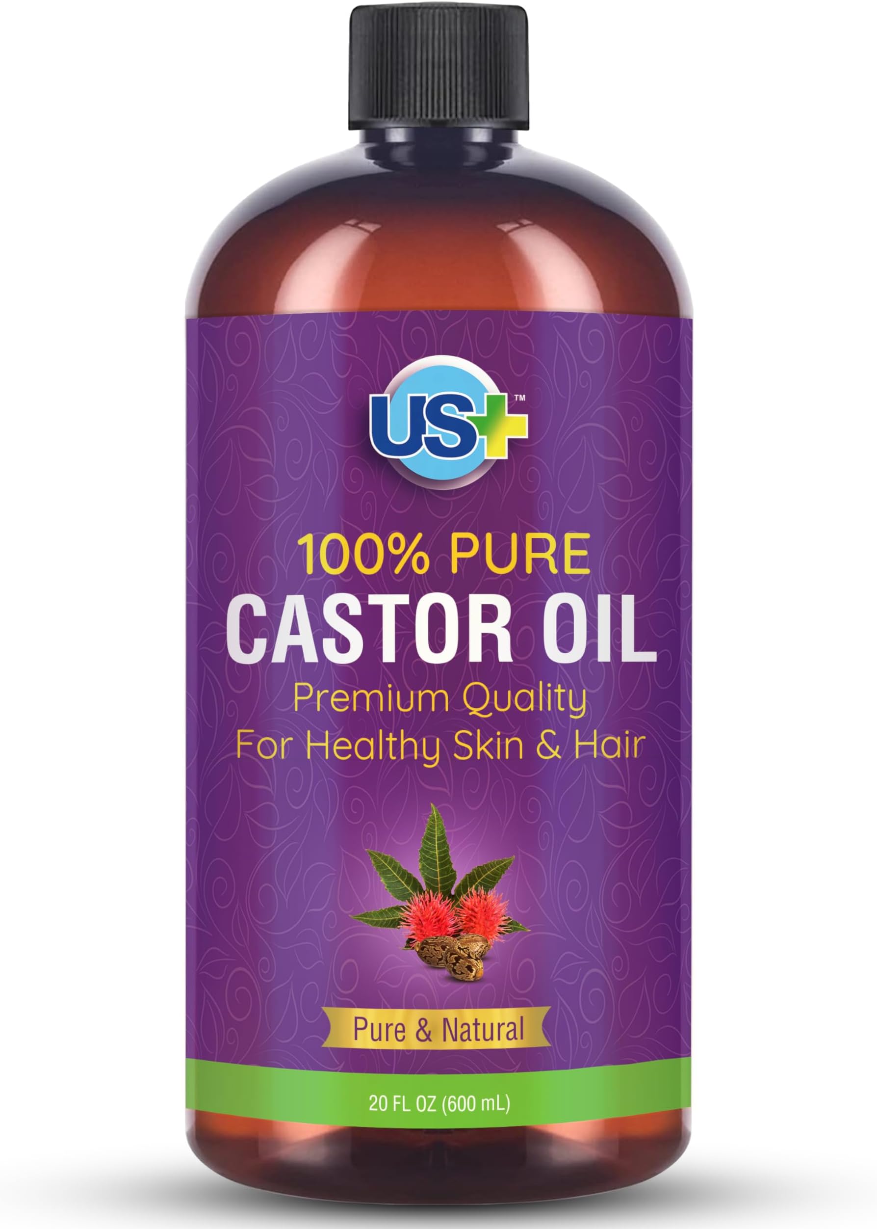 US+ 20oz 100% Pure Castor Oil - Cold-pressed, Unrefined, Hexane-free - BPA Free Plastic Bottle - USP Grade - Premium Quality for Healthy Skin & Hair