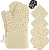 Vista 17 de KEGOUU Juego de 6 manoplas para horno y soportes para ollas, guantes para horno de cocina, resistentes al calor, 500 grados, extra largos