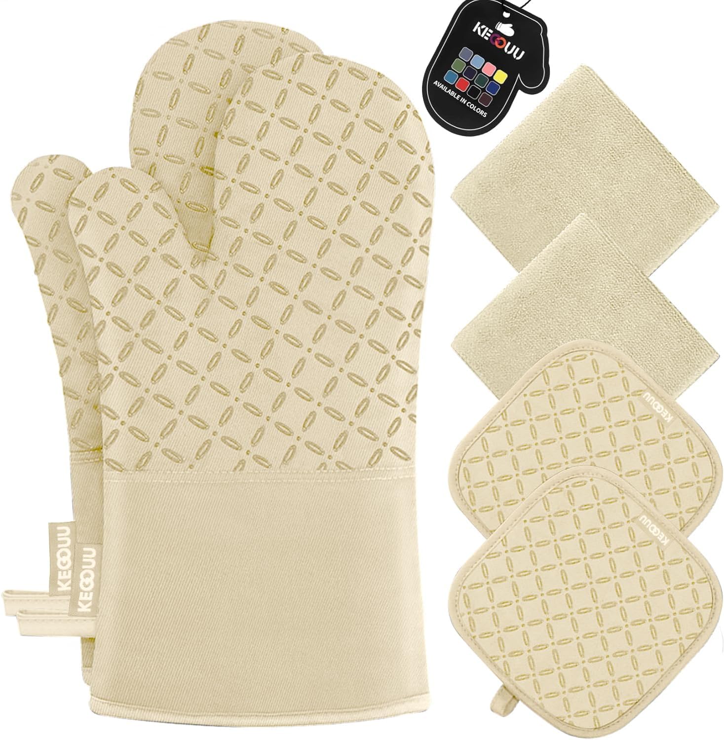 KEGOUUOven Mitts and Pot Holders 6pcs Set, Kitchen Oven Glove High Heat Resistant 500 Degree Extra Long Oven Mitts and Potholder with Non-Slip Silicone Surface for Cooking (Beige)