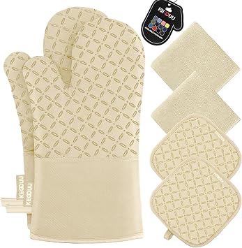 KEGOUU Oven Mitts and Pot Holders 6pcs Set, Kitchen Oven Glove High Heat Resistant 500 Degree Extra Long Oven Mitts and Potholder with Non-Slip Silicone Surface for Cooking Beige