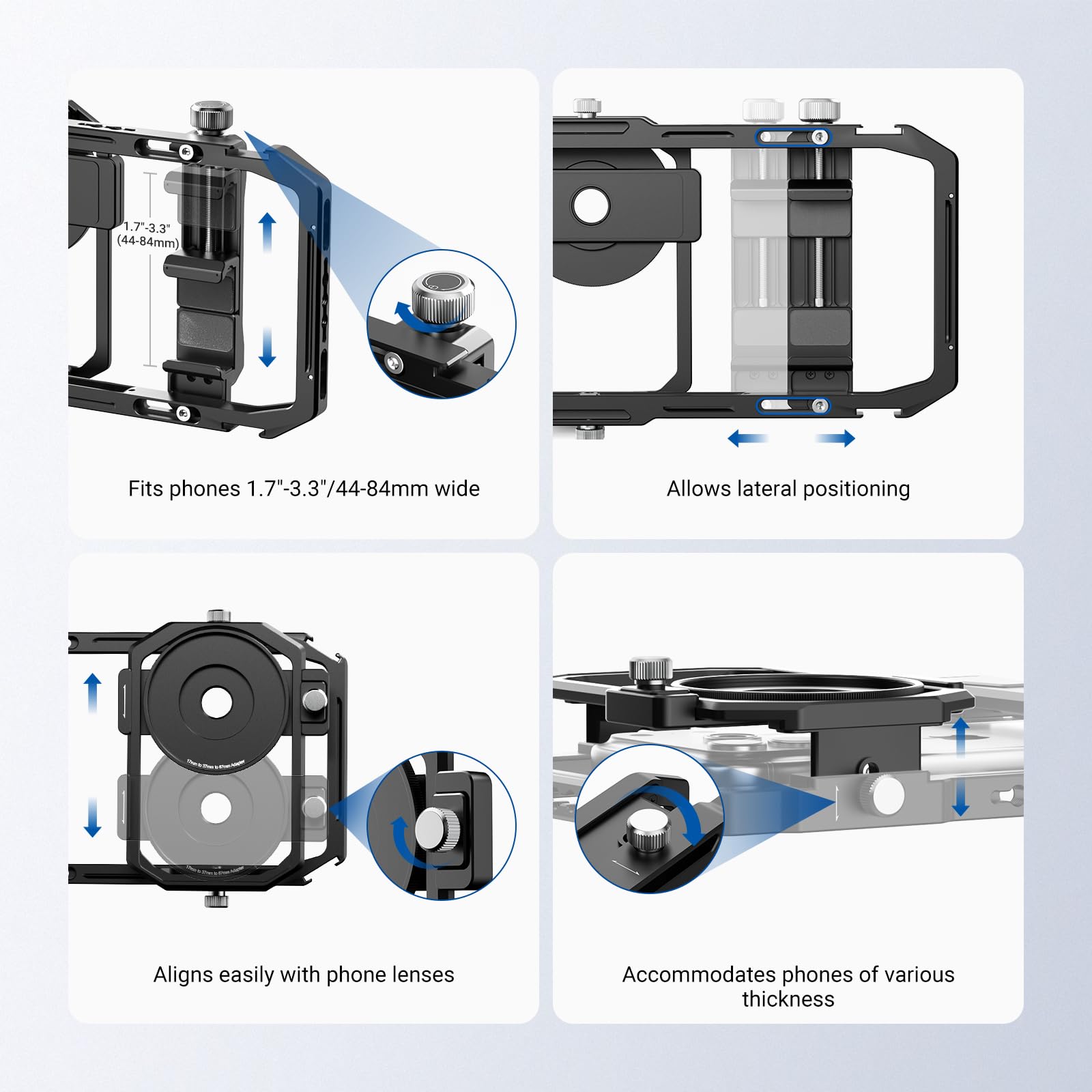 NEEWER PA058 Uniwersalna klatka na telefon stabilizator wideo z adapterem filtra obiektywu 17 mm do 37 mm i 67 mm akcesoria pierścieniowe kompatybilne z iPhone Android Samsung do nagrywania wideo