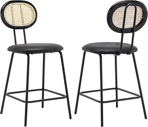 Duhome - Juego de 2 taburetes de bar, sillas de mostrador con respaldo de ratán, taburetes de bar de piel sintética, taburetes de metal modernos
