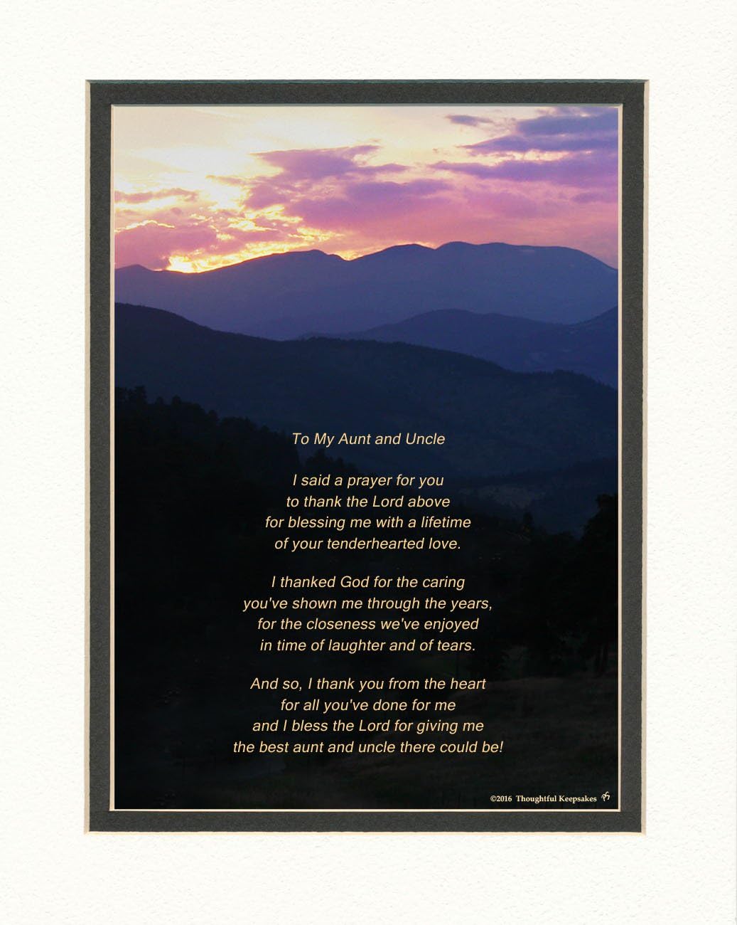 Gift for Aunt and Uncle with "Thank You Prayer for Best Aunt and Uncle" Poem. Mt Sunset Photo, 8x10 Double Matted. Special Aunt Uncle Gift for Christmas, Anniversary, Thank You