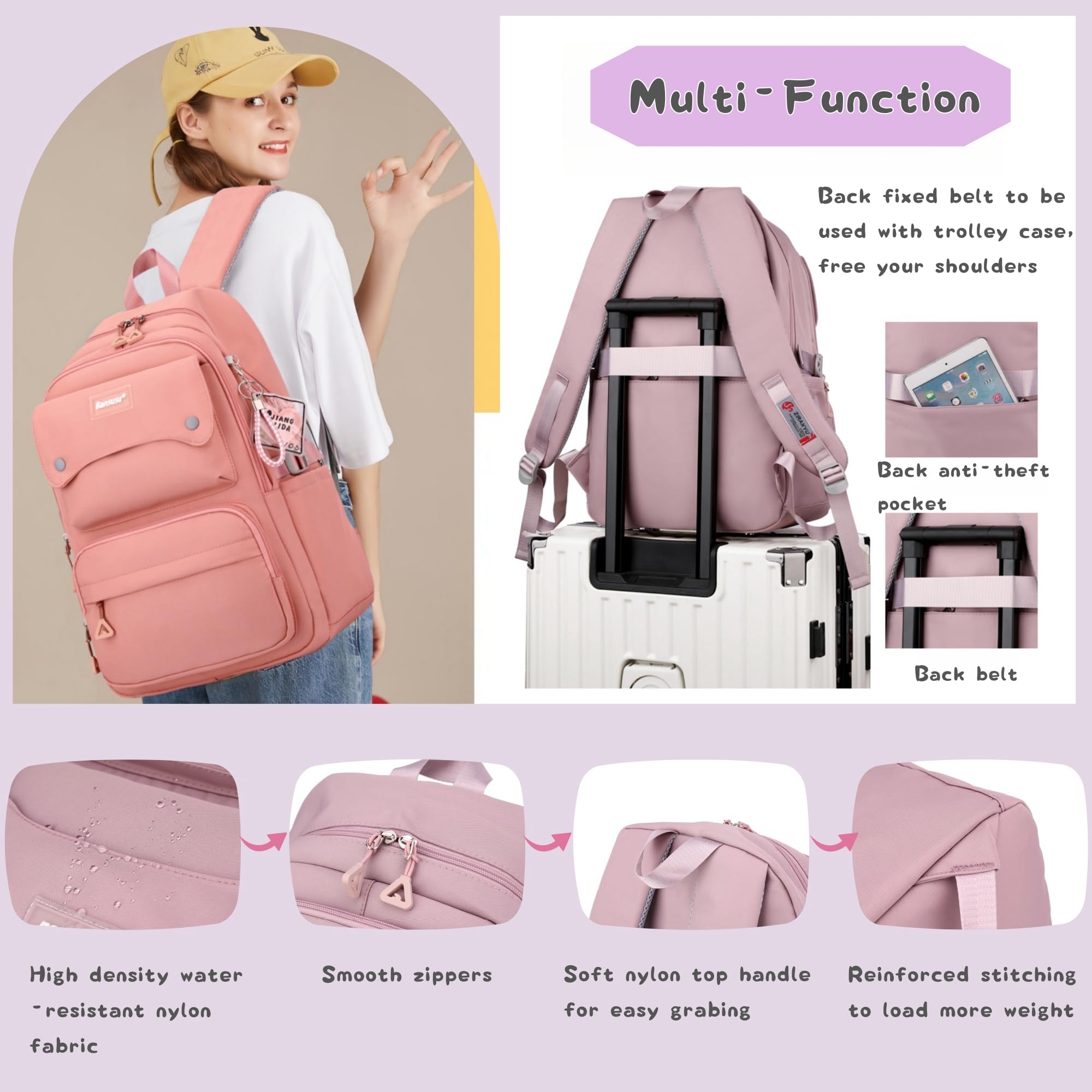 Lot de 3 sacs à dos et sac à déjeuner pour filles de couleur unie, 3 pièces - violet, 29L