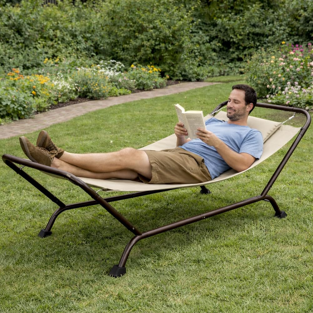 BAKAJI Amaca con Supporto in Metallo e 1 Cuscino Imbottito per Esterno, Telaio Resistente e Struttura Solida, Seduta Ergonomica, Ideale per Giardino, Patio, Terrazzo 230 x 98 x 82 cm (Beige)