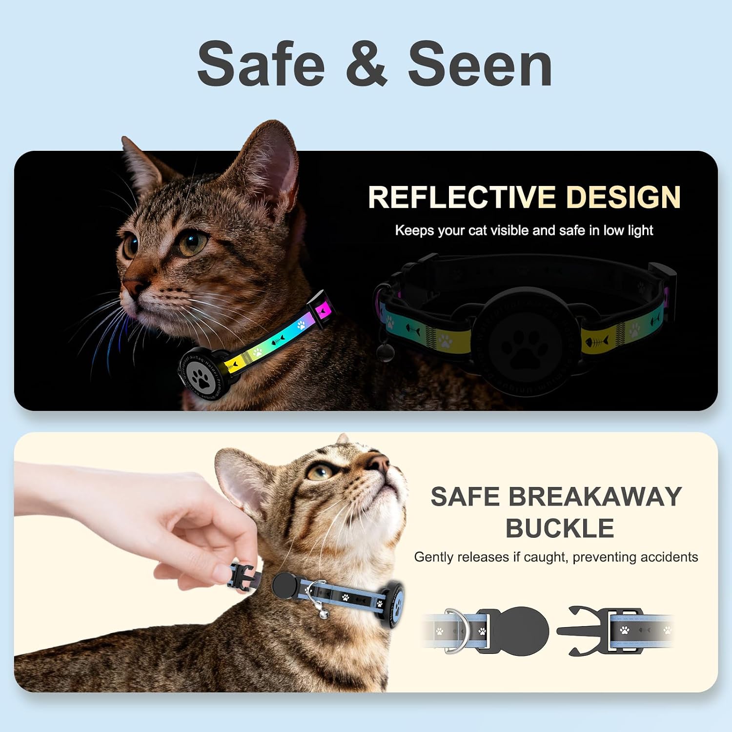 AirTag Cat Collars, Reflective Collar with AirTag Holder and Bell | Breakaway - Comfortable Padding - GPS Tracking Collars - Adjustable Size for Cats & Puppies 8-13" - (Blue, S)