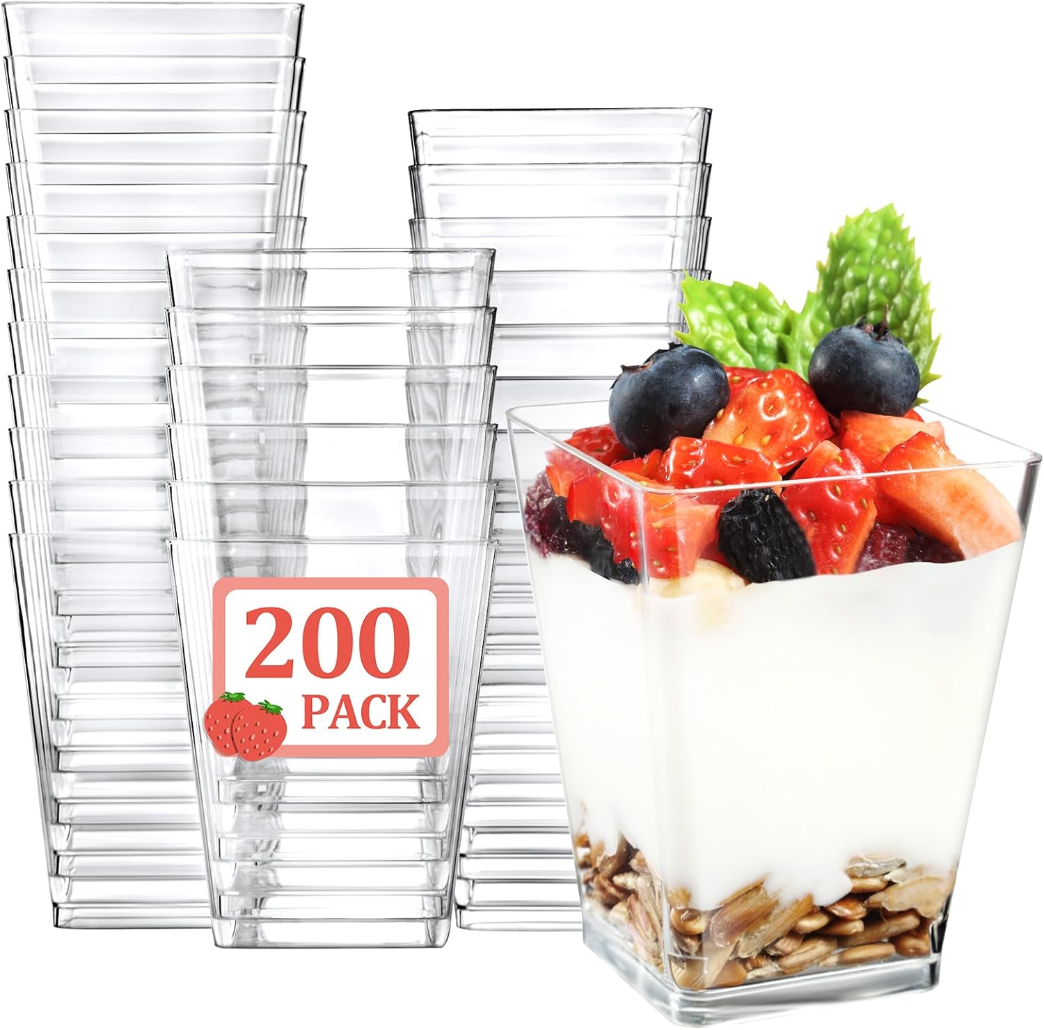 Eupako 200 Pack 5 OZ Plastic Mini Dessert Cups - Clear Small Parfait Cups, Square Appetizer Cups for Fruit, Pudding, Mousse, Ice Cream, Party, Wedding, Valentine's Day