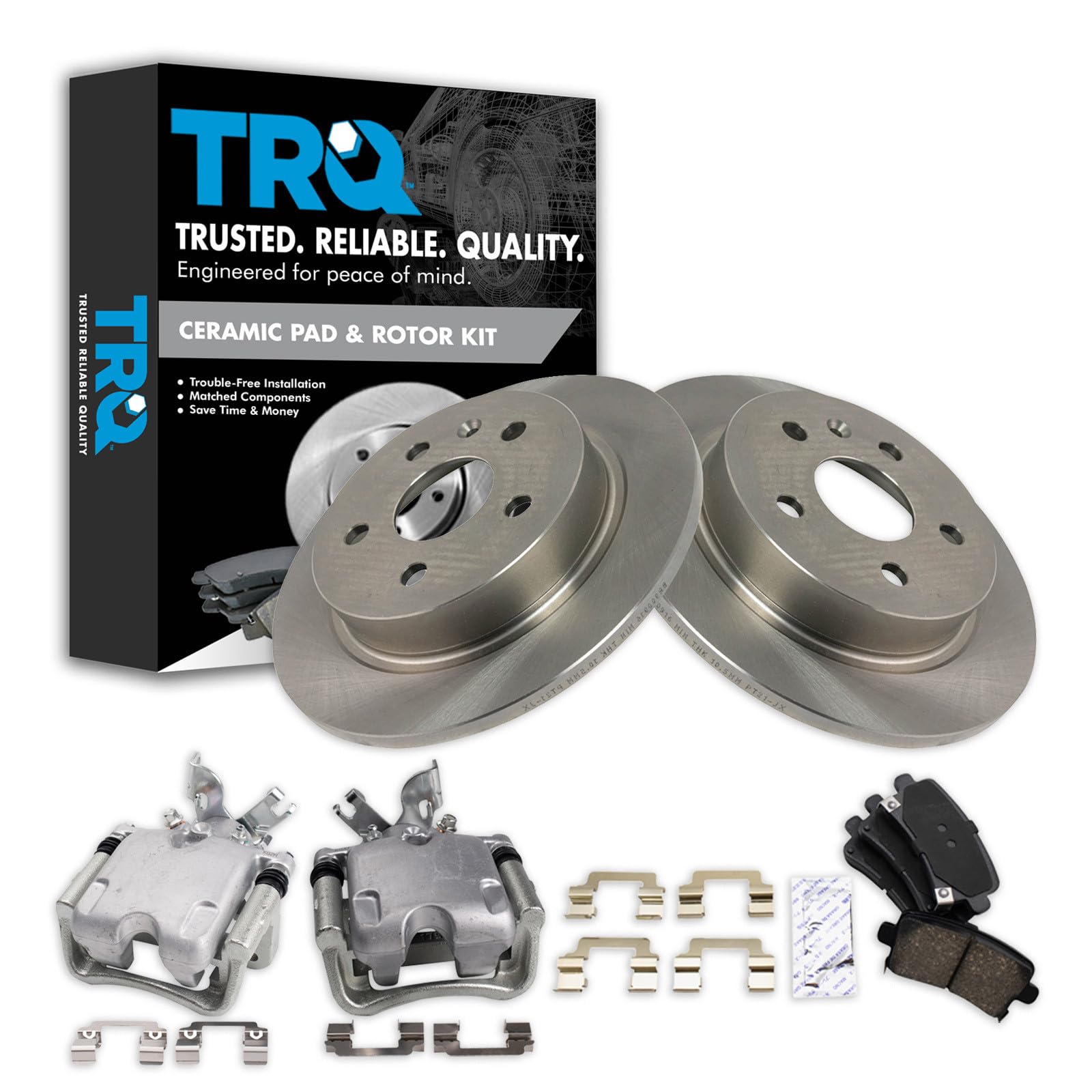TRQ Rear Brake Pad and Rotor Set Ceramic Solid Rotors Calipers