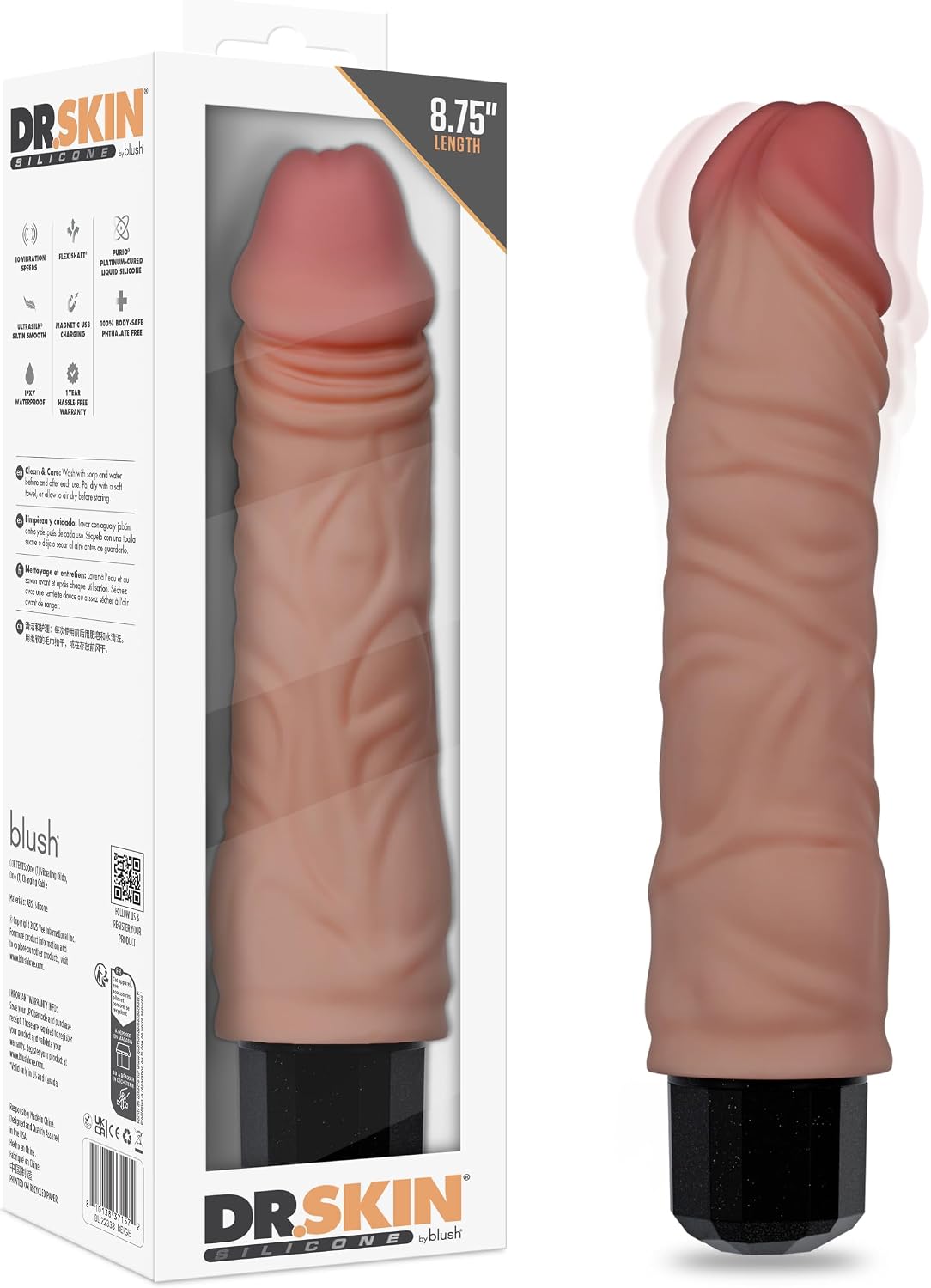 Blush Dr. Skin Dr. Hunt 8.75" Realistic Silicone Vibrating Dildo – Beige – G-Spot Dildo Vibrator - 10 Vibe Modes – Flexible Penis for Deep Vaginal & Anal Pleasure - Adult Sex Toy for Women Men Couples