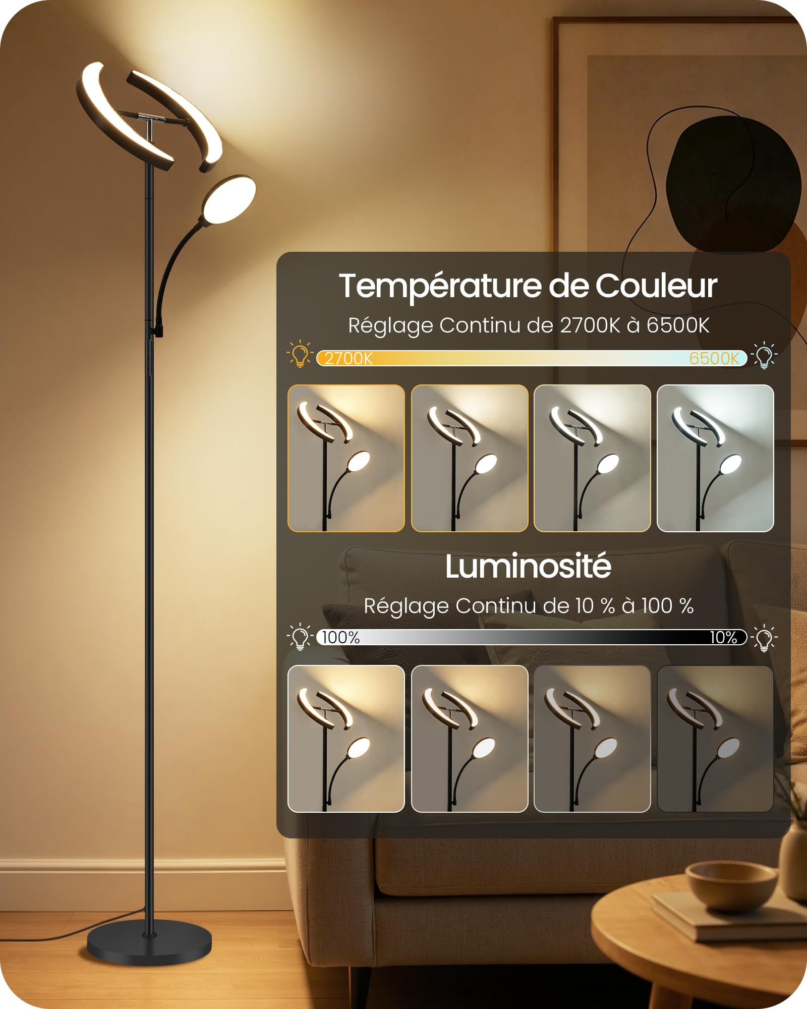 Lampadaire LED avec Lampe de Lecture, Lampe de Pie Salon